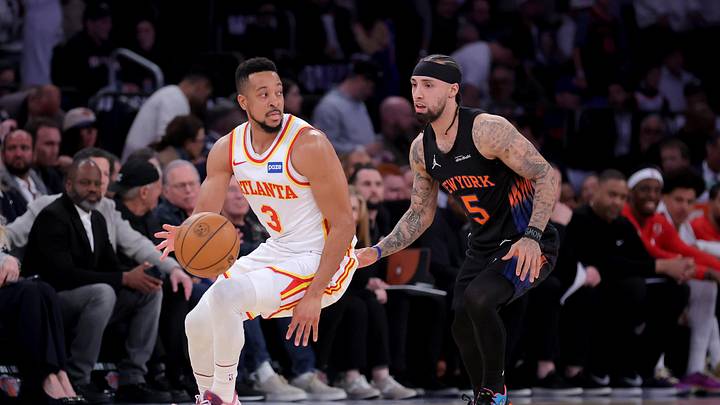 Apr 28, 2026; New York, New York, USA; Atlanta Hawks guard CJ McCollum (3) controls the ball against New York Knicks guard Jose Alvarado (5) during the second quarter of game five of the first round of the 2026 NBA Playoffs at Madison Square Garden. Mandatory Credit: Brad Penner-Imagn Images