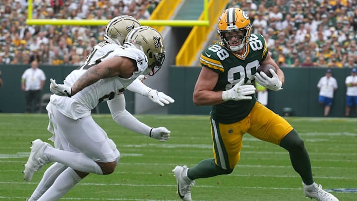 Green Bay Packers tight end Luke Musgrave (88) makes a reception during the third quarter of their game Sunday, September 24, 2023 at Lambeau Field in Green Bay, Wis. The Green Bay Packers beat the New Orleans Saints 18-17.