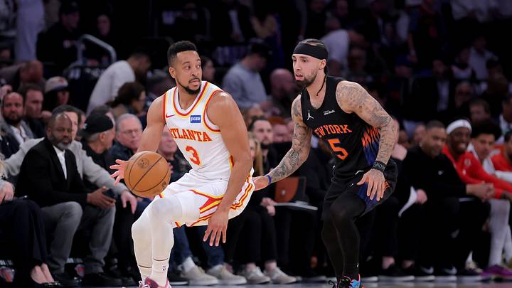 Apr 28, 2026; New York, New York, USA; Atlanta Hawks guard CJ McCollum (3) controls the ball against New York Knicks guard Jose Alvarado (5) during the second quarter of game five of the first round of the 2026 NBA Playoffs at Madison Square Garden. Mandatory Credit: Brad Penner-Imagn Images Apr 28, 2026; New York, New York, USA; Atlanta Hawks guard CJ McCollum (3) controls the ball against New York Knicks guard Jose Alvarado (5) during the second quarter of game five of the first round of the 2026 NBA Playoffs at Madison Square Garden. Mandatory Credit: Brad Penner-Imagn Images