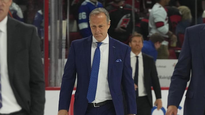 Mar 5, 2023; Raleigh, North Carolina, USA;  Tampa Bay Lightning head coach Jon Cooper comes off the