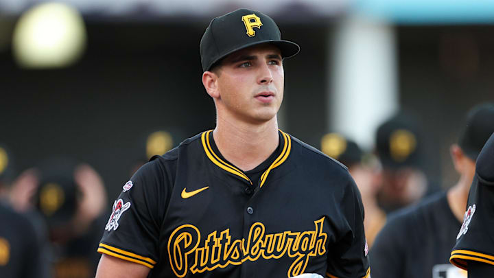 Apr 1, 2025; St. Petersburg, Florida, USA; Pittsburgh Pirates starting pitcher Thomas Harrington (78) walks to to make his major league debut against the Tampa Bay Rays at George M. Steinbrenner Field. Mandatory Credit: Nathan Ray Seebeck-Imagn Images