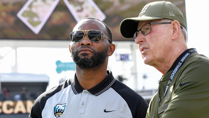 Dec 1, 2019; Jacksonville, FL, USA; Jacksonville Jaguars former running back Fred Taylor (left) and executive vice president of football operations Tom Coughlin (right) look on prior to the game between the Jacksonville Jaguars and the Tampa Bay Buccaneers at TIAA Bank Field. Mandatory Credit: Douglas DeFelice-Imagn Images