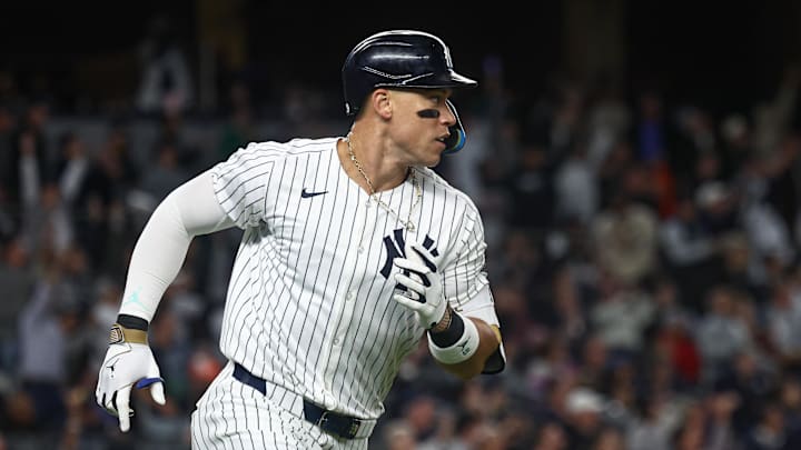 Sep 24, 2024; Bronx, New York, USA; New York Yankees center fielder Aaron Judge (99) runs the base after hitting a solo home run during the fourth inning against the Baltimore Orioles at Yankee Stadium. Mandatory Credit: Vincent Carchietta-Imagn Images
