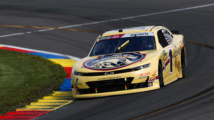 May 9, 2026; Watkins Glen, New York, USA; NASCAR O’Reilly Auto Parts Series driver Connor Zilisch (1) races during the Mission 200 at Watkins Glen International.