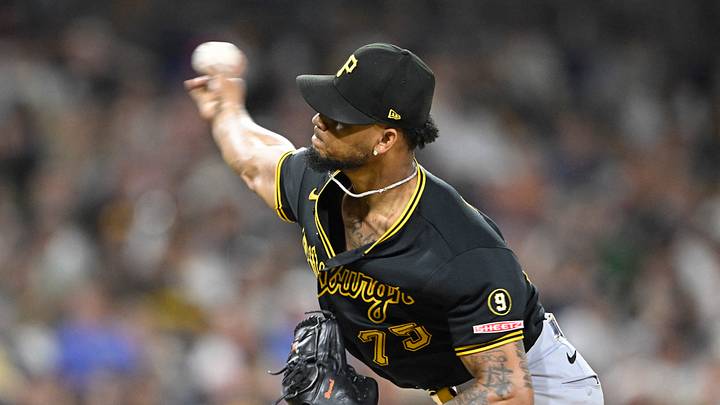 Aug 25, 2026; San Diego, California, USA;  Pittsburgh Pirates pitcher Camilo Doval (75) delivers during the seventh inning against the San Diego Padres at Petco Park.  Mandatory Credit: Denis Poroy-Imagn Images
