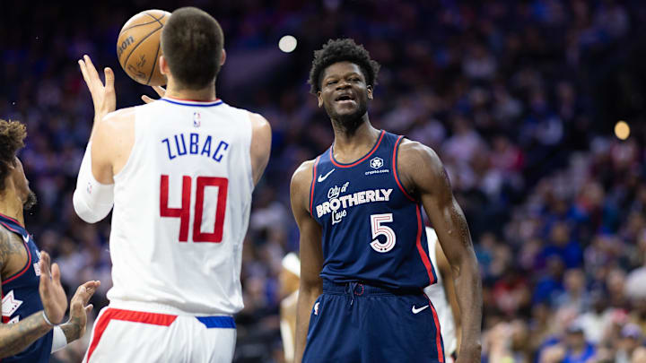 Mar 27, 2024; Philadelphia, Pennsylvania, USA; Philadelphia 76ers center Mo Bamba (5) reacts in front of LA Clippers center Ivica Zubac (40) after scoring during the first quarter at Wells Fargo Center. Mandatory Credit: Bill Streicher-Imagn Images Mar 27, 2024; Philadelphia, Pennsylvania, USA; Philadelphia 76ers center Mo Bamba (5) reacts in front of LA Clippers center Ivica Zubac (40) after scoring during the first quarter at Wells Fargo Center. Mandatory Credit: Bill Streicher-Imagn Images