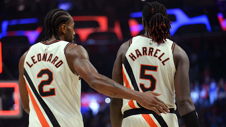 Los Angeles Clippers forward Kawhi Leonard (2) celebrates the 107-101 victory against the Portland Trail Blazers with forward Montrezl Harrell (5) at Staples Center. Mandatory Credit: Gary A. Vasquez-Imagn Images Los Angeles Clippers forward Kawhi Leonard (2) celebrates the 107-101 victory against the Portland Trail Blazers with forward Montrezl Harrell (5) at Staples Center. Mandatory Credit: Gary A. Vasquez-Imagn Images