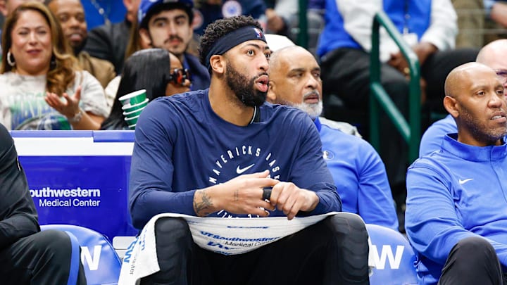 Dec 6, 2025; Dallas, Texas, USA; Dallas Mavericks forward Anthony Davis (3) looks on from the bench during the fourth quarter against the Houston Rockets at American Airlines Center. Mandatory Credit: Andrew Dieb-Imagn Images