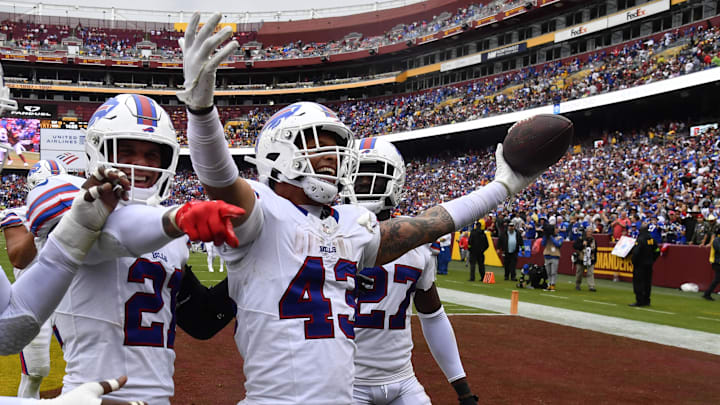 Sep 24, 2023; Landover, Maryland, USA; Buffalo Bills linebacker Terrel Bernard (43) celebrates with teammates after recovering a fumble against the Washington Commanders during the second half at FedExField. Mandatory Credit: Brad Mills-USA TODAY Sports Sep 24, 2023; Landover, Maryland, USA; Buffalo Bills linebacker Terrel Bernard (43) celebrates with teammates after recovering a fumble against the Washington Commanders during the second half at FedExField. Mandatory Credit: Brad Mills-USA TODAY Sports