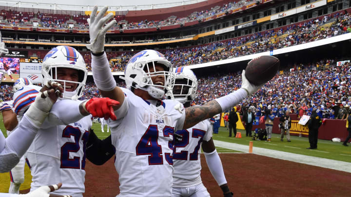 Sep 24, 2023; Landover, Maryland, USA; Buffalo Bills linebacker Terrel Bernard (43) celebrates with teammates after recovering a fumble against the Washington Commanders during the second half at FedExField. Mandatory Credit: Brad Mills-USA TODAY Sports Sep 24, 2023; Landover, Maryland, USA; Buffalo Bills linebacker Terrel Bernard (43) celebrates with teammates after recovering a fumble against the Washington Commanders during the second half at FedExField. Mandatory Credit: Brad Mills-USA TODAY Sports