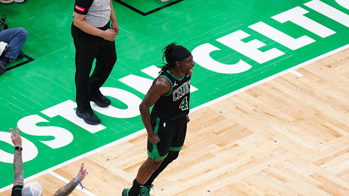 Jun 9, 2024; Boston, Massachusetts, USA; Boston Celtics guard Jrue Holiday (4) reacts in the second quarter against the Dallas Mavericks during game two of the 2024 NBA Finals at TD Garden. Mandatory Credit: David Butler II-Imagn Images