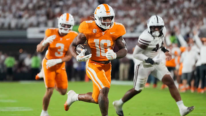 Tennessee running back DeSean Bishop (18) runs to the end zone for a touchdown during overtime in a college football game between Tennessee and Mississippi State at Davis Wade Stadium in Starkville, Miss., on Sept. 27, 2025.