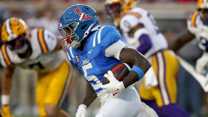 Sep 19, 2026; Oxford, Mississippi, USA; Mississippi Rebels running back Kewan Lacy (5) runs the ball during the first quarter against the LSU Tigers at Vaught-Hemingway Stadium. Mandatory Credit: Petre Thomas-Imagn Images