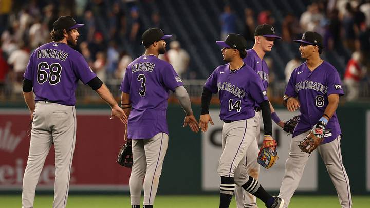 Colorado Rockies players celebrate after their game Mandatory Credit: Geoff Burke-Imagn Images