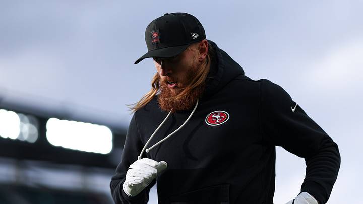 Jan 11, 2026; Philadelphia, PA, USA; San Francisco 49ers tight end George Kittle before action against the Philadelphia Eagles in an NFC Wild Card Round game at Lincoln Financial Field. Mandatory Credit: Bill Streicher-Imagn Images