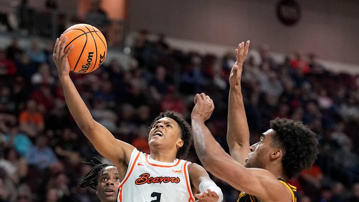 March 8, 2026; Las Vegas, NV, USA; Oregon State Beavers guard Josiah Lake II (2) shoots the basketball against San Francisco Dons forward David Fuchs (8) during the second half at Orleans Arena. Mandatory Credit: Kyle Terada-Imagn Images March 8, 2026; Las Vegas, NV, USA; Oregon State Beavers guard Josiah Lake II (2) shoots the basketball against San Francisco Dons forward David Fuchs (8) during the second half at Orleans Arena. Mandatory Credit: Kyle Terada-Imagn Images