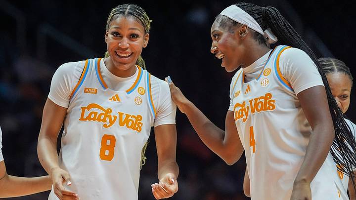 Tennessee forward Zhen Craft (8) and Tennessee's Gabby Minus (4) smile on the court during a women’s college basketball exhibition game between the Tennessee Lady Vols and Florida A&M Rattlers at Thompson-Boling Arena at Food City Center on Oct. 27, 2026. Tennessee forward Zhen Craft (8) and Tennessee's Gabby Minus (4) smile on the court during a women’s college basketball exhibition game between the Tennessee Lady Vols and Florida A&M Rattlers at Thompson-Boling Arena at Food City Center on Oct. 27, 2026.