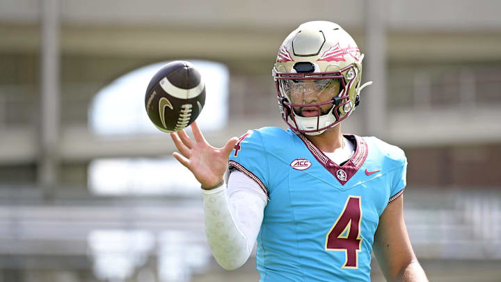 Apr 20, 2024; Tallahassee, Florida, USA; Florida State Seminoles quarterback DJ Uiagalelei (4)