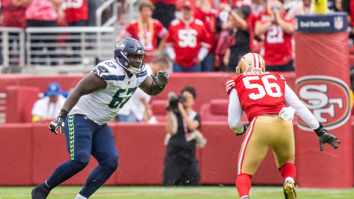 September 18, 2022; Santa Clara, California, USA; Seattle Seahawks offensive tackle Charles Cross (67) during the second quarter against the San Francisco 49ers at Levi's Stadium. Mandatory Credit: Kyle Terada-USA TODAY Sports
