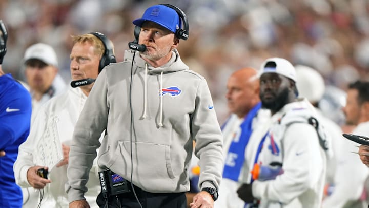 Oct 5, 2025; Orchard Park, New York, USA; Buffalo Bills head coach Sean McDermott during the first half at Highmark Stadium. 