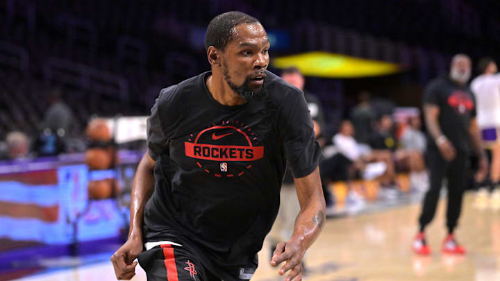 Apr 21, 2026; Los Angeles, California, USA; Houston Rockets forward Kevin Durant (7) warms up prior to game two of the first round of the 2026 NBA Playoffs against the Los Angeles Lakers at Crypto.com Arena. Mandatory Credit: Jayne Kamin-Oncea-Imagn Images