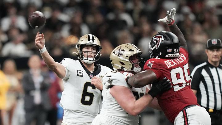 Oct 5, 2026; New Orleans, Louisiana, USA;  New Orleans Saints quarterback Tyler Shough (6) passes against the Atlanta Falcons during the second half at Caesars Superdome.  Mandatory Credit: Matthew Hinton-Imagn Images