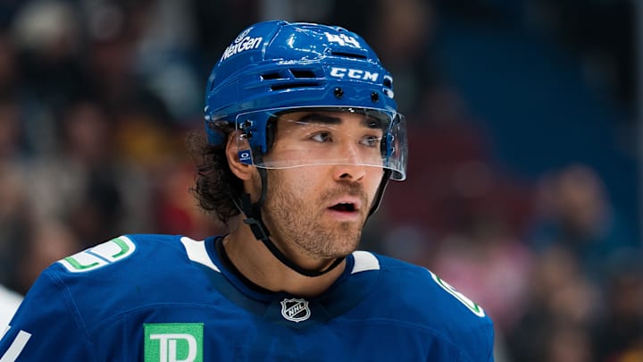 Dec 27, 2025; Vancouver, British Columbia, CAN; Vancouver Canucks forward Kiefer Sherwood (44) during a stop in play against the San Jose Sharks in the second period at Rogers Arena. Mandatory Credit: Bob Frid-Imagn Images Dec 27, 2025; Vancouver, British Columbia, CAN; Vancouver Canucks forward Kiefer Sherwood (44) during a stop in play against the San Jose Sharks in the second period at Rogers Arena. Mandatory Credit: Bob Frid-Imagn Images