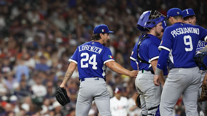 Mar 10, 2026; Houston, TX, United States;  Italy starting pitcher Michael Lorenzen (24) is taken out of the game against the United States in the fifth inning at Daikin Park. Mandatory Credit: Thomas Shea-Imagn Images