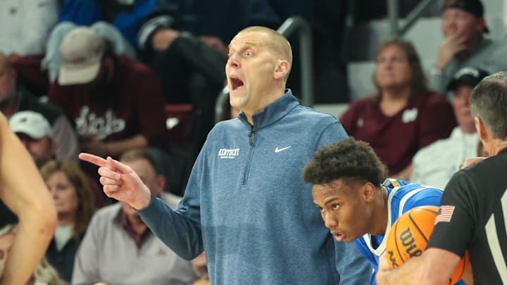 Jan 11, 2025; Starkville, Mississippi, USA; Kentucky Wildcats head coach Mark Pope reacts against the Mississippi State Bulldogs during the second half at Humphrey Coliseum. Mandatory Credit: Wesley Hale-Imagn Images