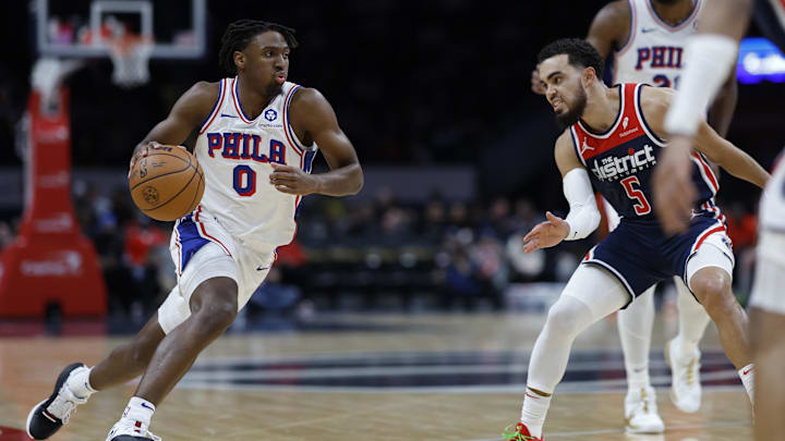 Dec 6, 2023; Washington, District of Columbia, USA; Philadelphia 76ers guard Tyrese Maxey (0) drives