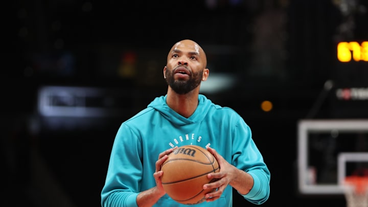 Mar 12, 2025; Atlanta, Georgia, USA; Charlotte Hornets forward Taj Gibson (67) warms up on the court before the game against the Atlanta Hawks at State Farm Arena. Mandatory Credit: Mady Mertens-Imagn Images