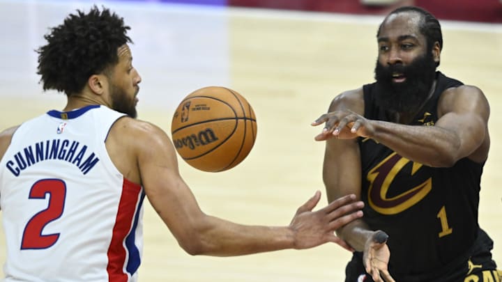 Mar 3, 2026; Cleveland, Ohio, USA; Cleveland Cavaliers guard James Harden (1) throws a pass beside Detroit Pistons guard Cade Cunningham (2) in the fourth quarter at Rocket Arena. Mandatory Credit: David Richard-Imagn Images
