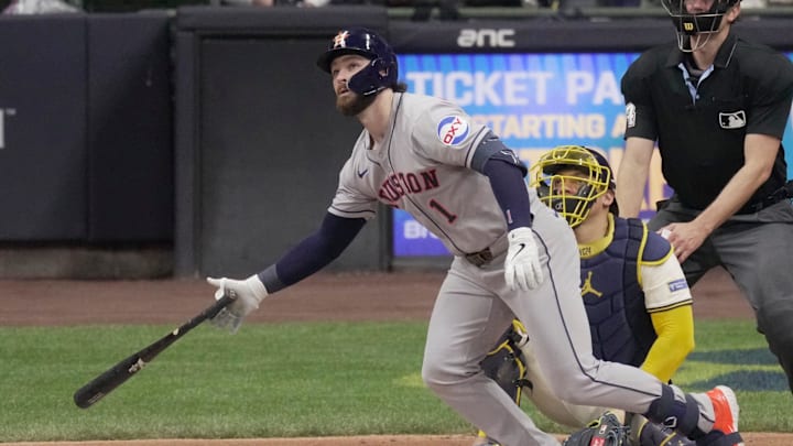 Houston Astros second baseman Brendan Rodgers (1) hits a three-run home run during the seventh inning of their game against the Milwaukee Brewers Tuesday, May 6, 2025 at American Family Field in Milwaukee, Wisconsin.