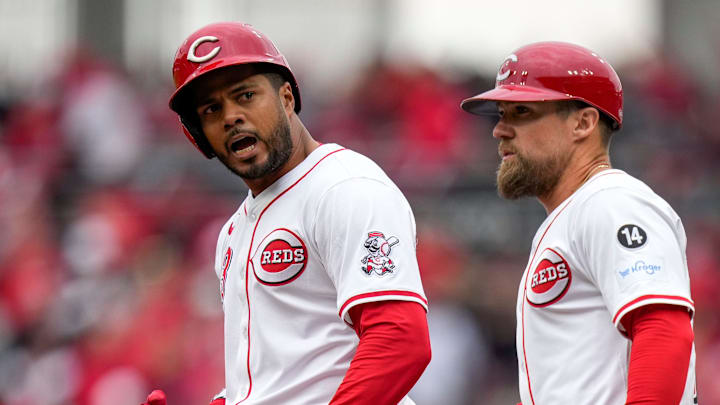 Cincinnati Reds third base Jeimer Candelario (3) celebrates an RBI single in the first inning of the MLB Opening Day game between the Cincinnati Reds and the San Francisco Giants at Great American Ball Park in downtown Cincinnati on Thursday, March 27, 2025. The Reds led 3-0 after three innings.