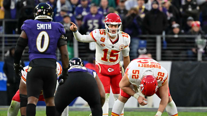 Jan 28, 2024; Baltimore, Maryland, USA; Kansas City Chiefs quarterback Patrick Mahomes (15) signals before a snap against the Baltimore Ravens during the second half in the AFC Championship football game at M&T Bank Stadium. Mandatory Credit: Tommy Gilligan-USA TODAY Sports