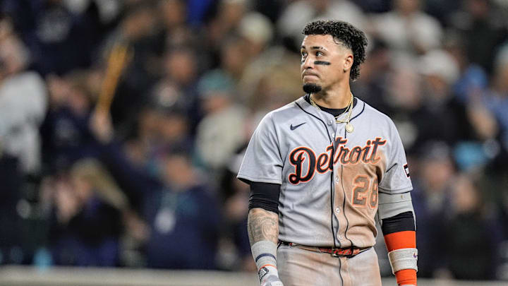 Tigers shortstop Javier Baez reacts after grounded out against Mariners during the 14th inning of ALDS Game 5 at T-Mobile Park in Seattle on Friday, Oct. 10, 2025. Tigers shortstop Javier Baez reacts after grounded out against Mariners during the 14th inning of ALDS Game 5 at T-Mobile Park in Seattle on Friday, Oct. 10, 2025.