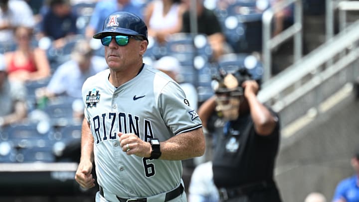 Jun 13, 2025; Omaha, Neb, USA; Arizona Wildcats head coach Chip Hale on the field during the game against the Coastal Carolina Chanticleers at Charles Schwab Field. Mandatory Credit: Steven Branscombe-Imagn Images Jun 13, 2025; Omaha, Neb, USA; Arizona Wildcats head coach Chip Hale on the field during the game against the Coastal Carolina Chanticleers at Charles Schwab Field. Mandatory Credit: Steven Branscombe-Imagn Images