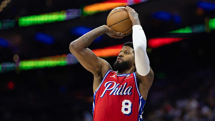 Dec 13, 2024; Philadelphia, Pennsylvania, USA; Philadelphia 76ers forward Paul George (8) shoots the ball during the third quarter against the Indiana Pacers at Wells Fargo Center. Mandatory Credit: Bill Streicher-Imagn Images