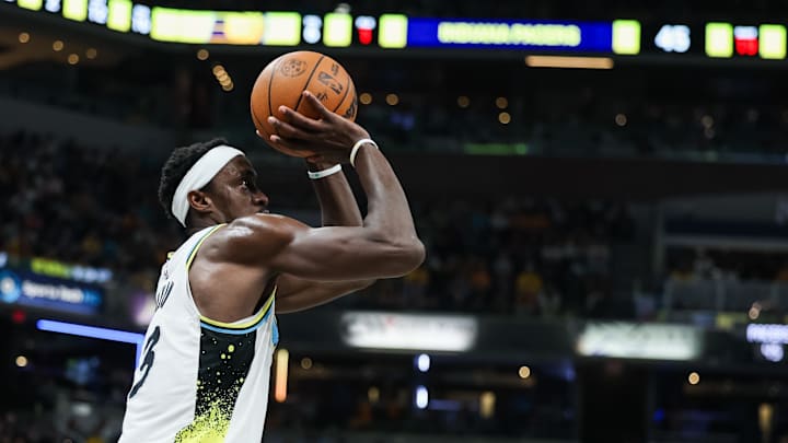 Apr 22, 2025; Indianapolis, Indiana, USA; Indiana Pacers forward Pascal Siakam (43) shoots the ball against the Milwaukee Bucks  during game two of first round for the 2024 NBA Playoffs at Gainbridge Fieldhouse. Mandatory Credit: Trevor Ruszkowski-Imagn Images