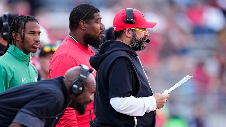 Ohio State Buckeyes defensive coordinator Matt Patricia watches during the second half of the NCAA football game against the Grambling State Tigers at Ohio Stadium on Sept. 6, 2025. Ohio State won 70-0.
