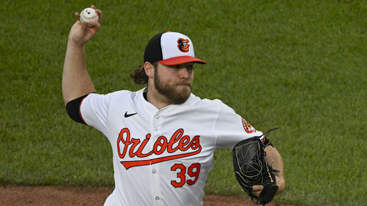 May 13, 2024; Baltimore, Maryland, USA;  Baltimore Orioles pitcher Corbin Burnes (39) throws a second inning pitch against the Toronto Blue Jays at Oriole Park at Camden Yards.