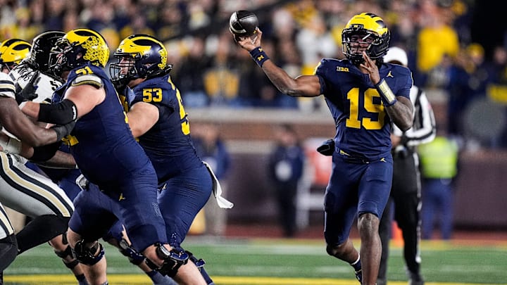 Michigan quarterback Bryce Underwood (19) makes a pass against Purdue during the first half at Michigan Stadium in Ann Arbor on Saturday, November 1, 2025.