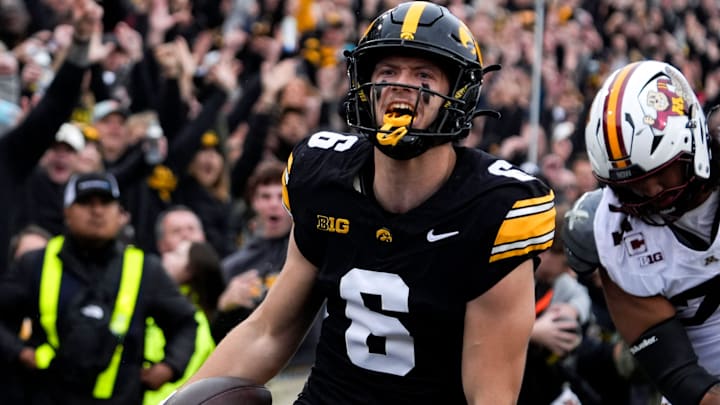 Iowa Hawkeyes defensive back Zach Lutmer (6) reacts after scoring a pick-6 against the Minnesota Golden Gophers Oct. 25, 2025 at Kinnick Stadium in Iowa City, Iowa.