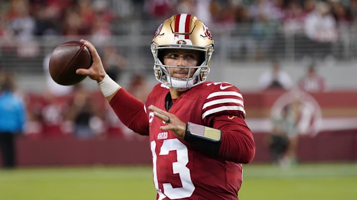 Sep 9, 2024; Santa Clara, California, USA; San Francisco 49ers quarterback Brock Purdy (13) warms up in the fourth quarter against the New York Jets at Levi's Stadium. Mandatory Credit: David Gonzales-Imagn Images