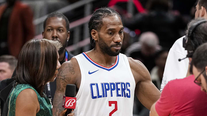 Feb 5, 2024; Atlanta, Georgia, USA; LA Clippers forward Kawhi Leonard (2) is interviewed after the Clippers defeated the Atlanta Hawks at State Farm Arena. 