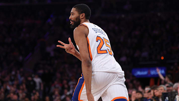 Mar 22, 2025; New York, New York, USA; New York Knicks forward Mikal Bridges (25) reacts after making a three point basket during the first half against the Washington Wizards at Madison Square Garden. Mandatory Credit: Vincent Carchietta-Imagn Images Mar 22, 2025; New York, New York, USA; New York Knicks forward Mikal Bridges (25) reacts after making a three point basket during the first half against the Washington Wizards at Madison Square Garden. Mandatory Credit: Vincent Carchietta-Imagn Images
