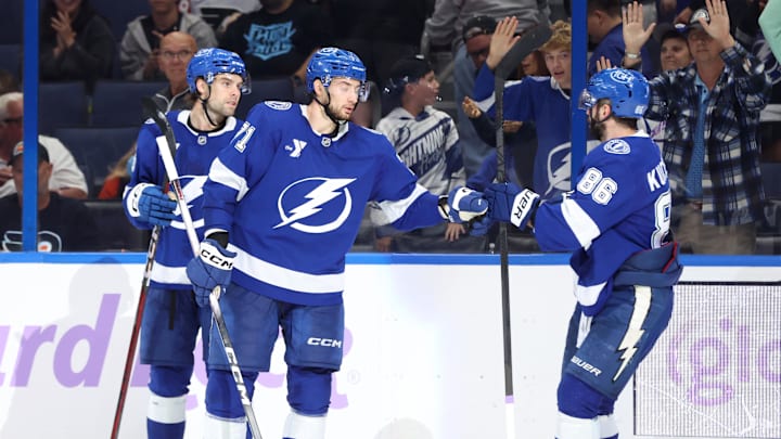 Nov 24, 2025; Tampa, Florida, USA; Tampa Bay Lightning left wing Brandon Hagel (38) is congratulated by center Anthony Cirelli (71) and right wing Nikita Kucherov (86) safter he scored a goal against the Philadelphia Flyers during the third period at Benchmark International Arena. Mandatory Credit: Kim Klement Neitzel-Imagn Images