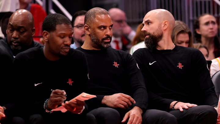 Jan 3, 2025; Houston, Texas, USA; Houston Rockets head coach Ime Udoka on the bench against the Boston Celtics during the third quarter at Toyota Center. Mandatory Credit: Erik Williams-Imagn Images