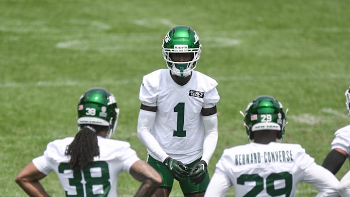 Jun 11, 2025; Florham Park, NY, USA; New York Jets cornerback Sauce Gardner (1) participates in a drill during minicamp at Atlantic Health Jets Training Center. Mandatory Credit: John Jones-Imagn Images