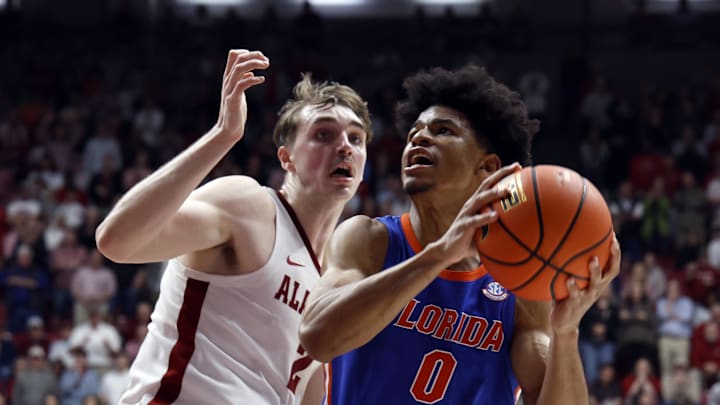 Feb 21, 2024; Tuscaloosa, Alabama, USA; Florida Gators guard Zyon Pullin (0) puts up a shot as